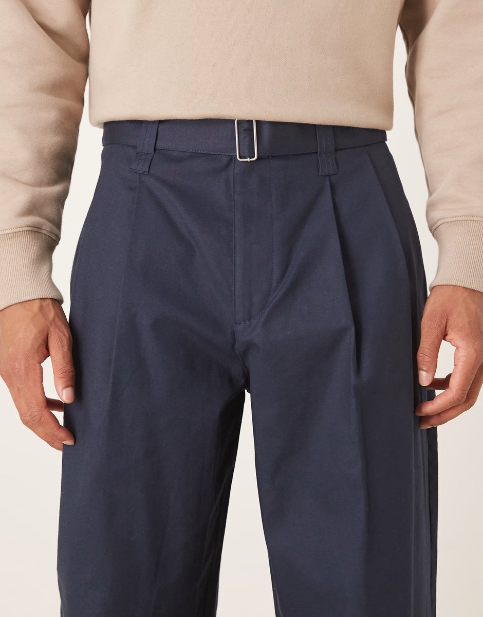 ASOS ASOS DESIGN loose straight trousers in navy with belt - 4