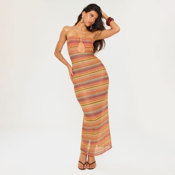 EGO Bandeau Keyhole Cut Out Ring Trim Detail Maxi Dress In Multi Stripe, Women's Size UK 6