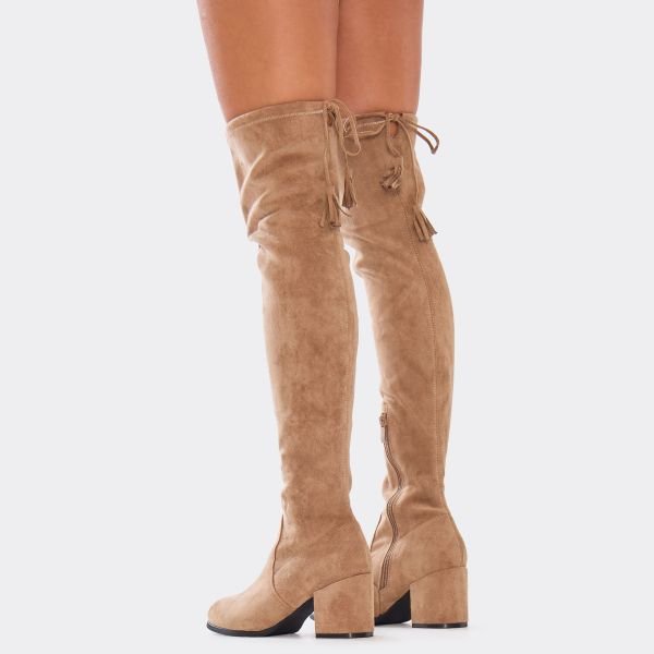 EGO Berg Tie Back Detail Block Heel Over The Knee Thigh High Boot In Beige Faux Suede, Women's Size UK 3 - 2