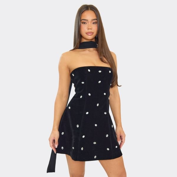 EGO Scarf Detail Diamante Trim A-Line Mini Dress In Black, Women's Size UK 6 - 1