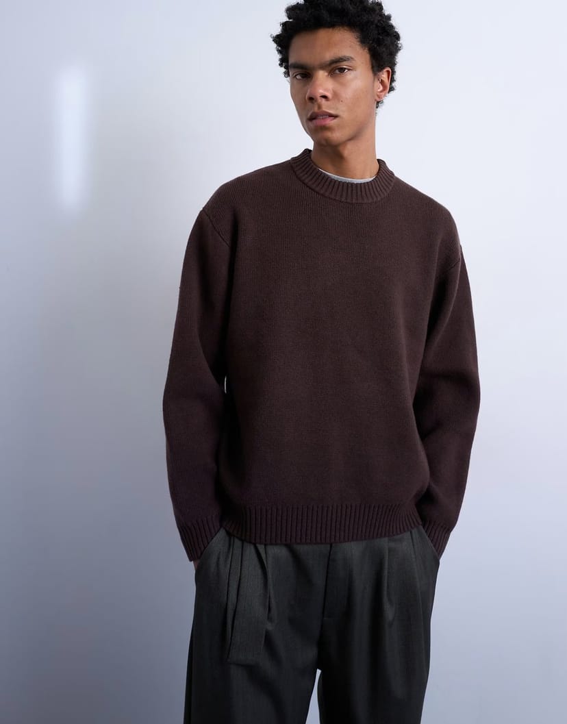 ASOS Topman relaxed fit knitted crew neck jumper in brown - 1