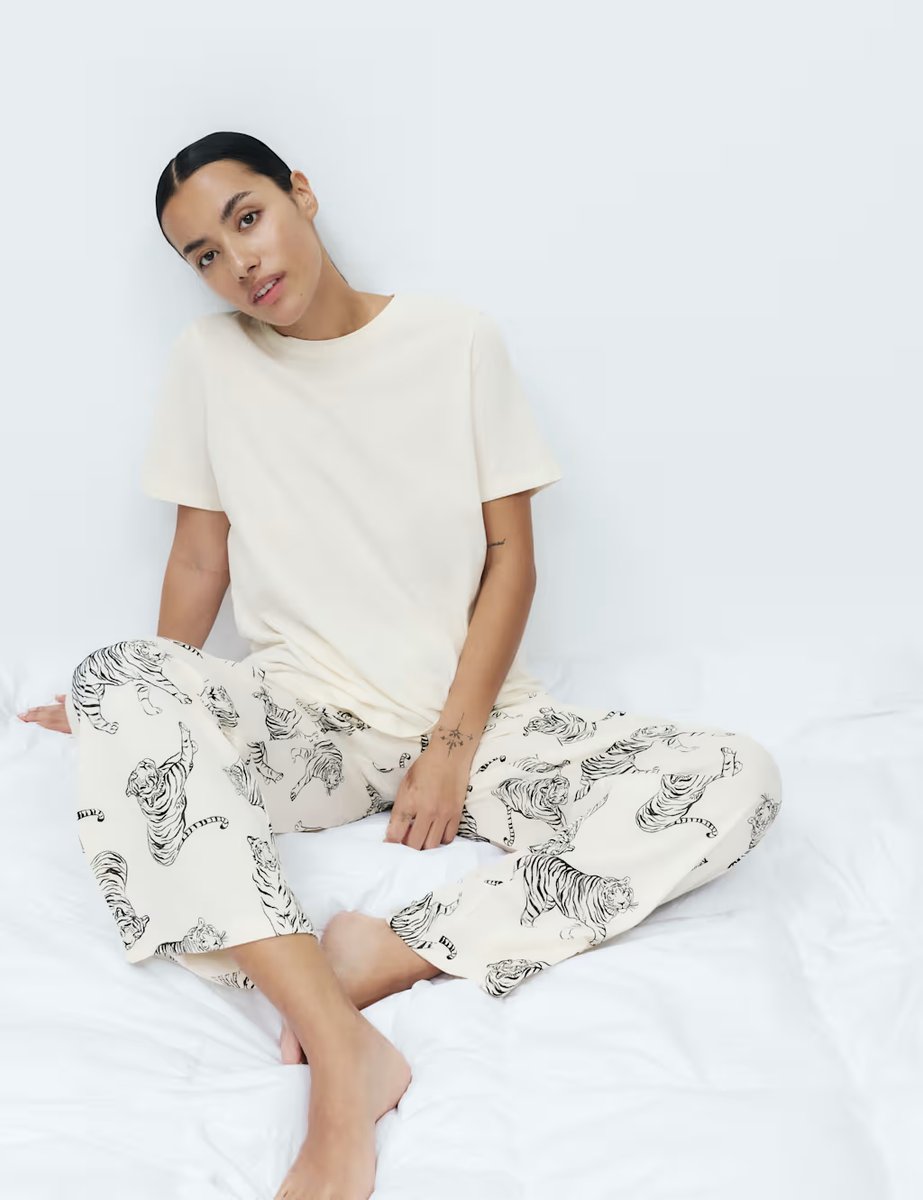 Marks & Spencer M&S Pure Cotton Printed Pyjama Set Ivory - 3