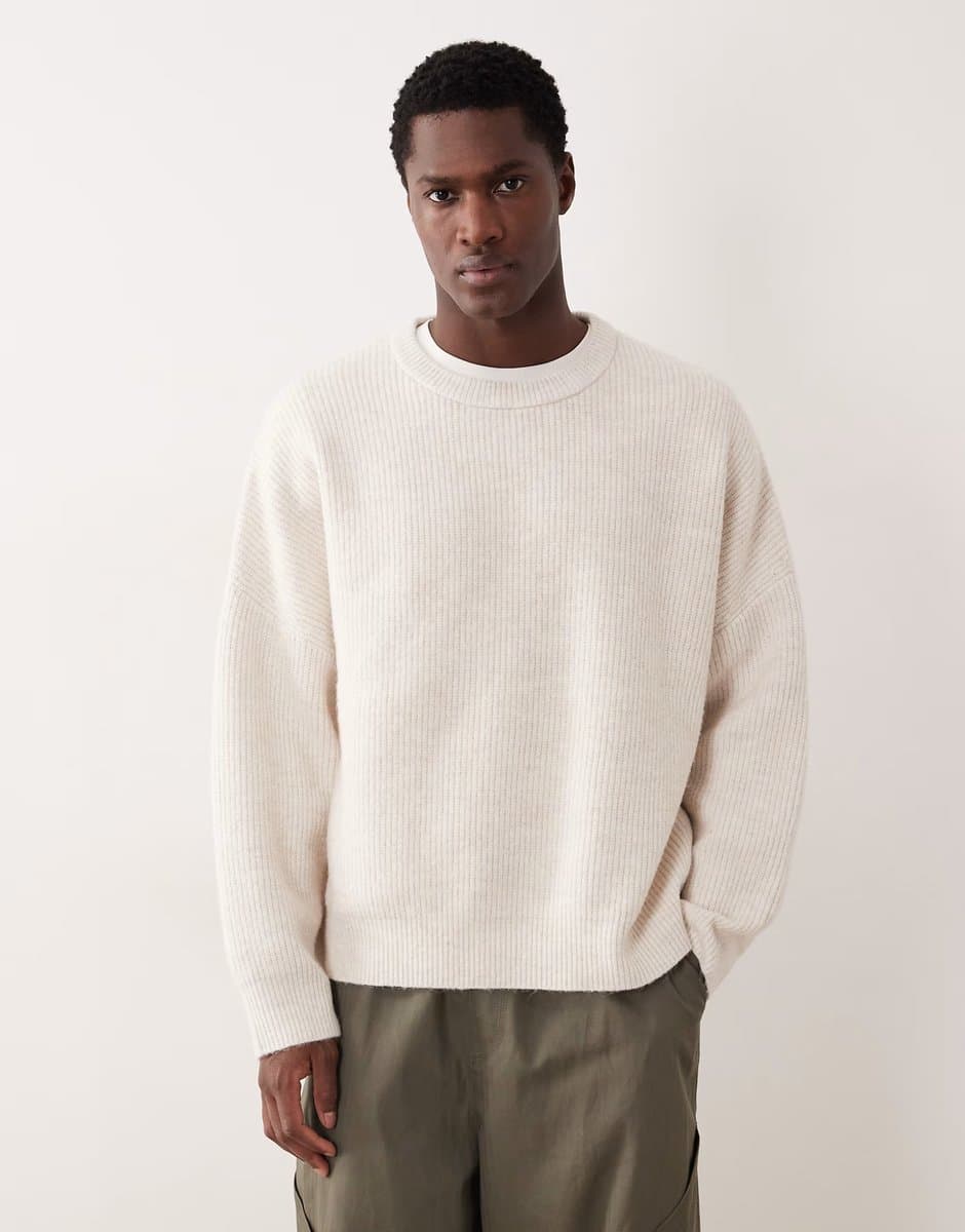 ASOS ASOS DESIGN super oversized boxy fit knitted fisherman rib jumper in oatmeal