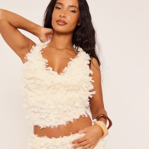 EGO Cowl Neck Top And Side Split Mini Skirt Co-Ord Set In Cream Textured, Women's Size UK Large L - 2