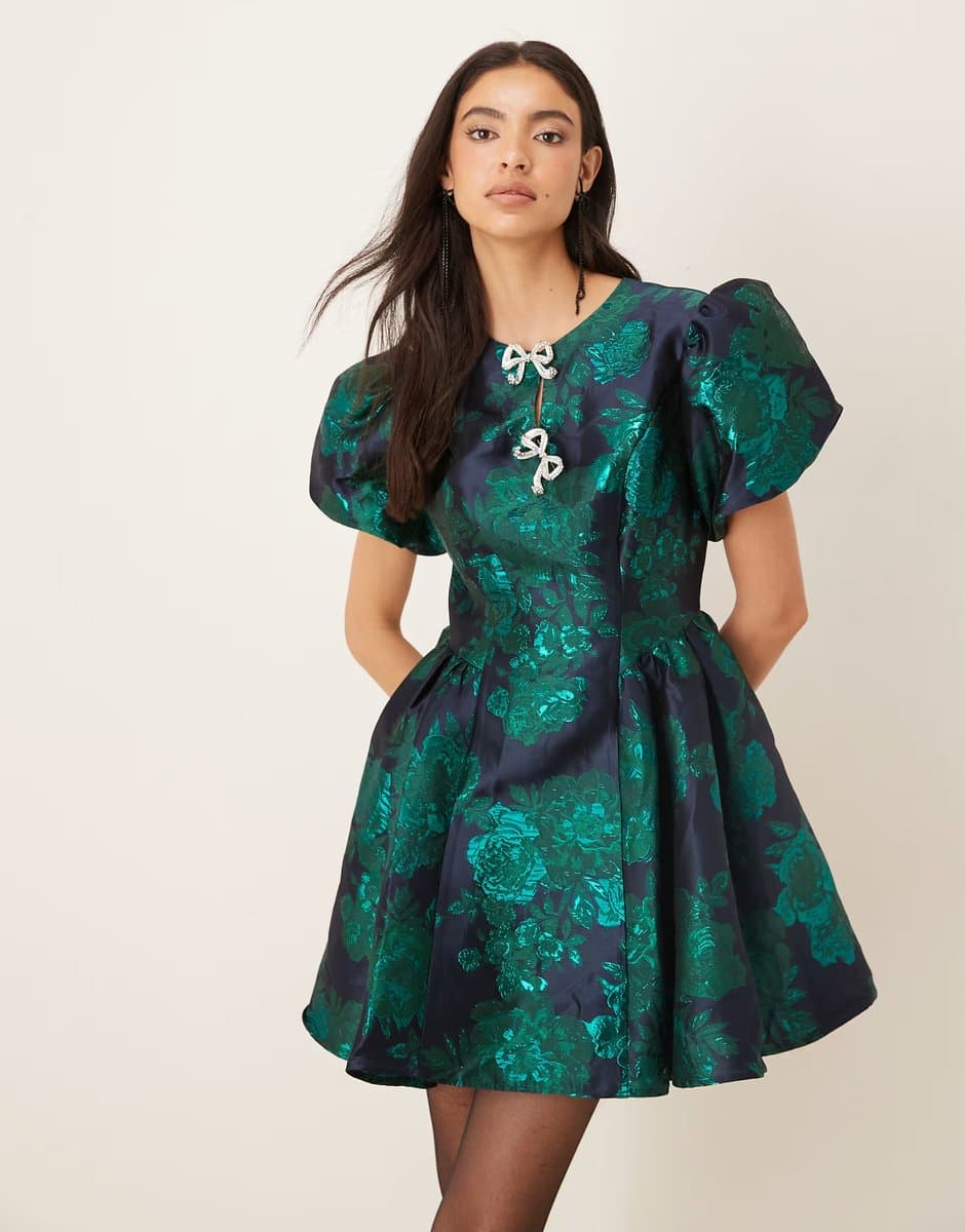 ASOS Sister Jane Lili jacquard puff sleeve diamante bow detail mini dress in emerald green