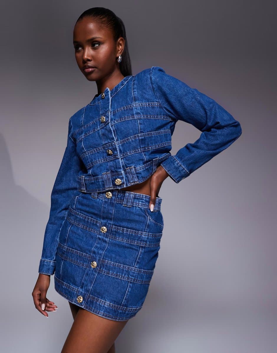 ASOS River Island panelled mini skirt co-ord in medium denim