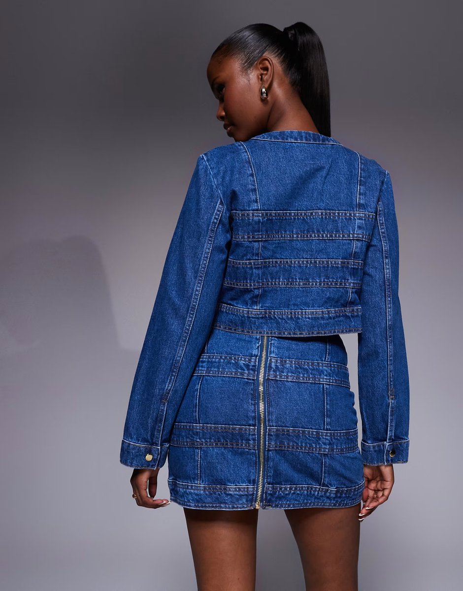 ASOS River Island panelled mini skirt co-ord in medium denim - 4