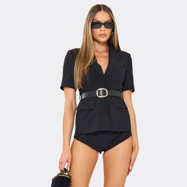 EGO Plunge Neck Short Sleeve Belted Tailored Playsuit In Black, Women's Size UK 6