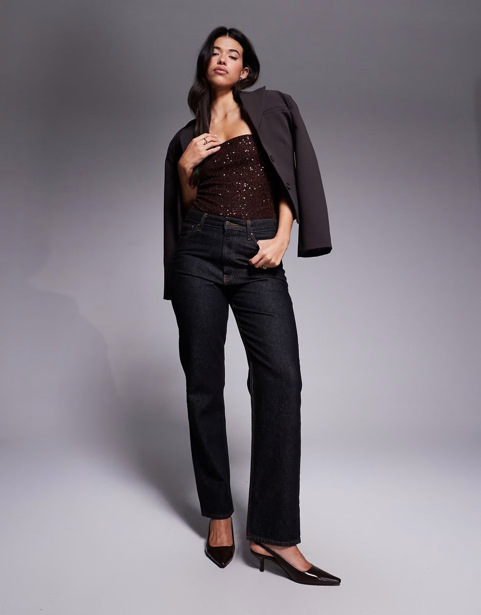 ASOS ASOS DESIGN allover sequin bandeau bodysuit in chocolate - 3