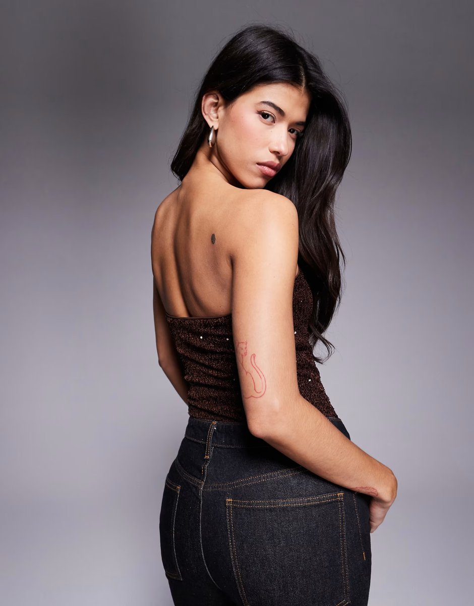 ASOS ASOS DESIGN allover sequin bandeau bodysuit in chocolate - 4