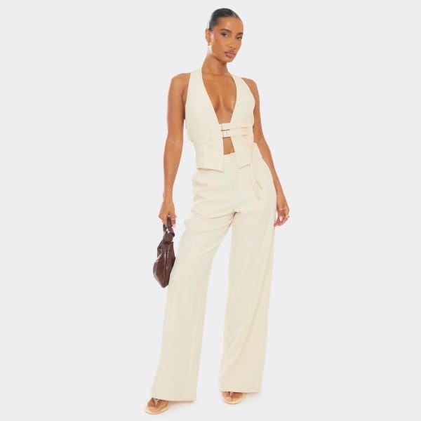 EGO High Waist Button Front Wide Leg Trousers In Stone, Women's Size UK 6 - 1
