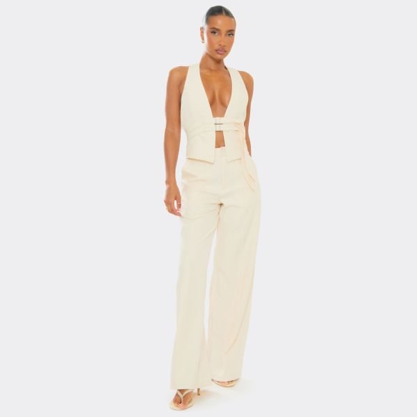 EGO High Waist Button Front Wide Leg Trousers In Stone, Women's Size UK 6 - 2