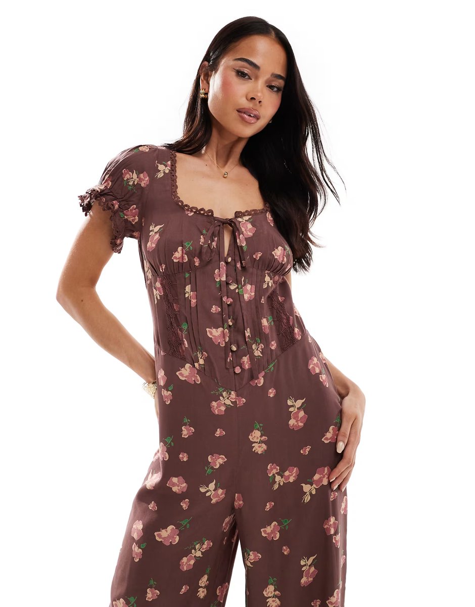 ASOS ASOS DESIGN spun lace trim corset waist jumpsuit in mauve floral print - 3