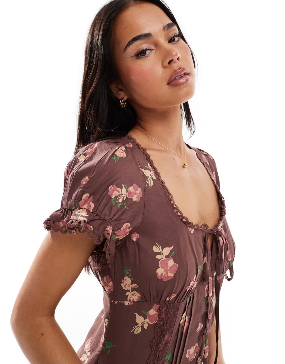 ASOS ASOS DESIGN spun lace trim corset waist jumpsuit in mauve floral print - 4