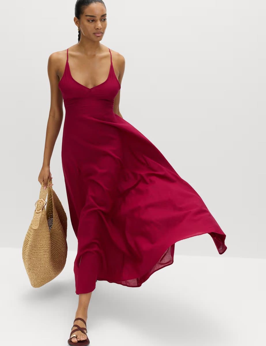 Marks & Spencer M&S Pure Cotton Strappy V-Neck Maxi Beach Dress in Raspberry
