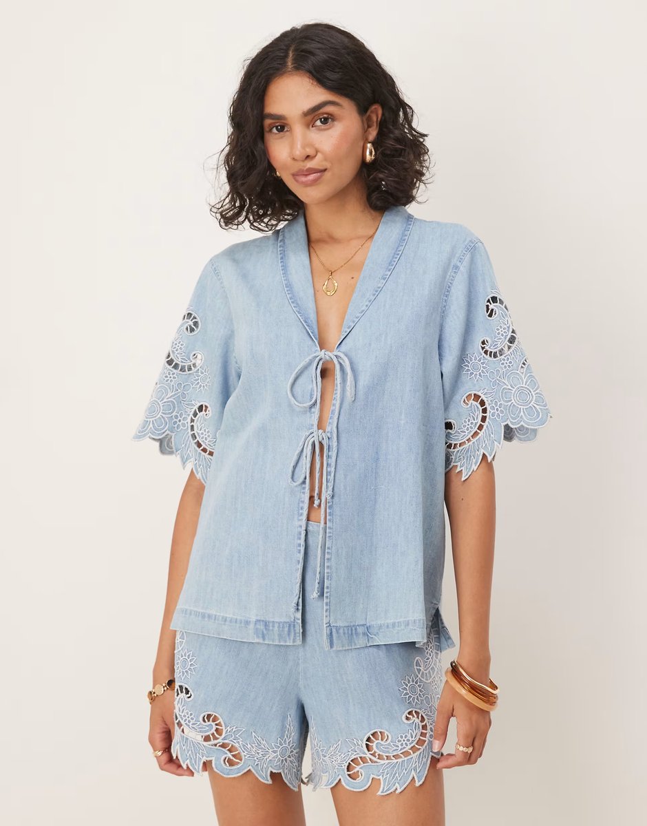 ASOS ASOS DESIGN soft denim crochet top in midwash blue co-ord - 1
