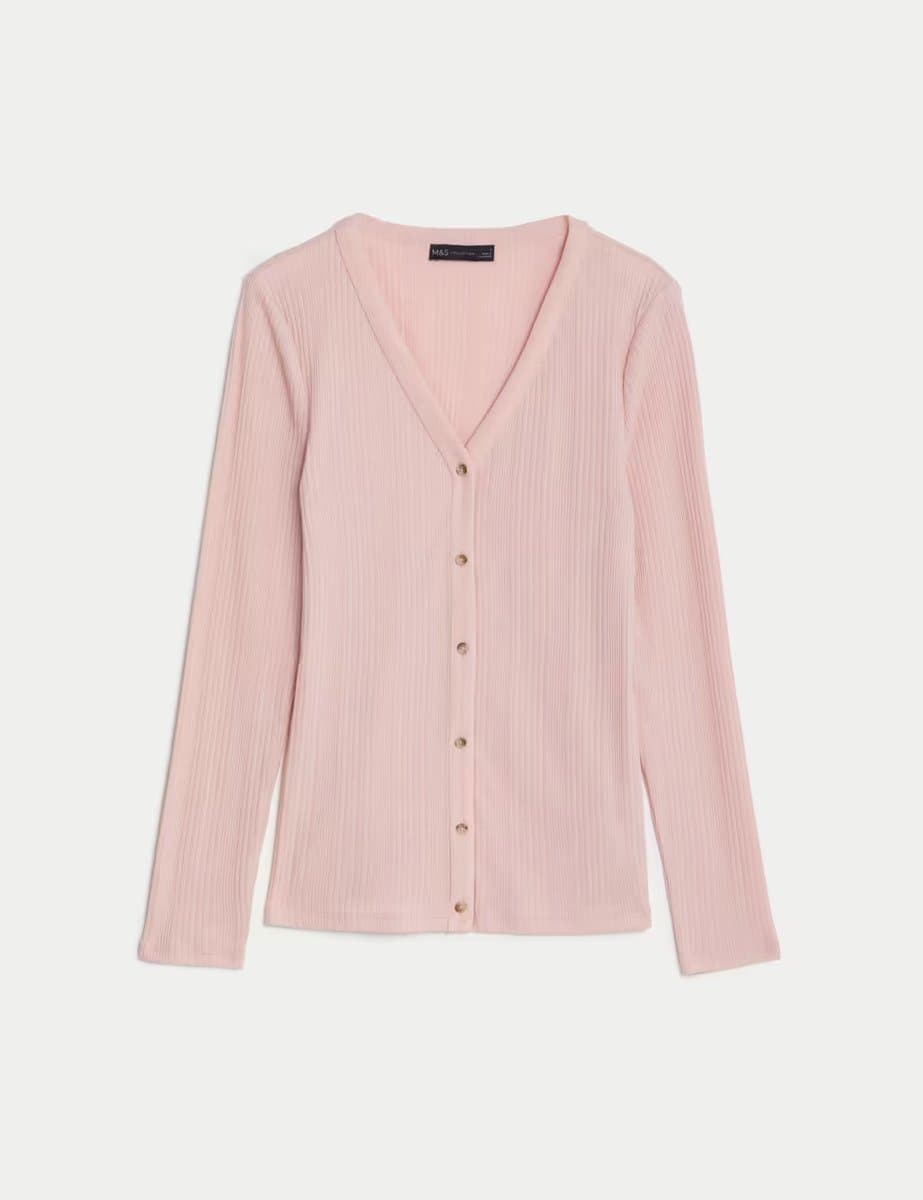 Marks & Spencer M&S Cotton Blend Ribbed V-Neck Cardigan Pink