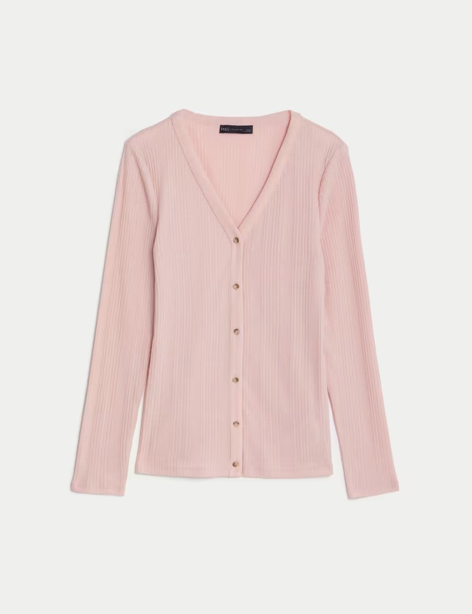 Marks & Spencer M&S Cotton Blend Ribbed V-Neck Cardigan Pink - 2