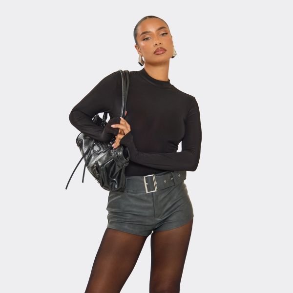 EGO High Rise Belted Shorts In Grey Faux Leather, Women's Size UK 6 - 2