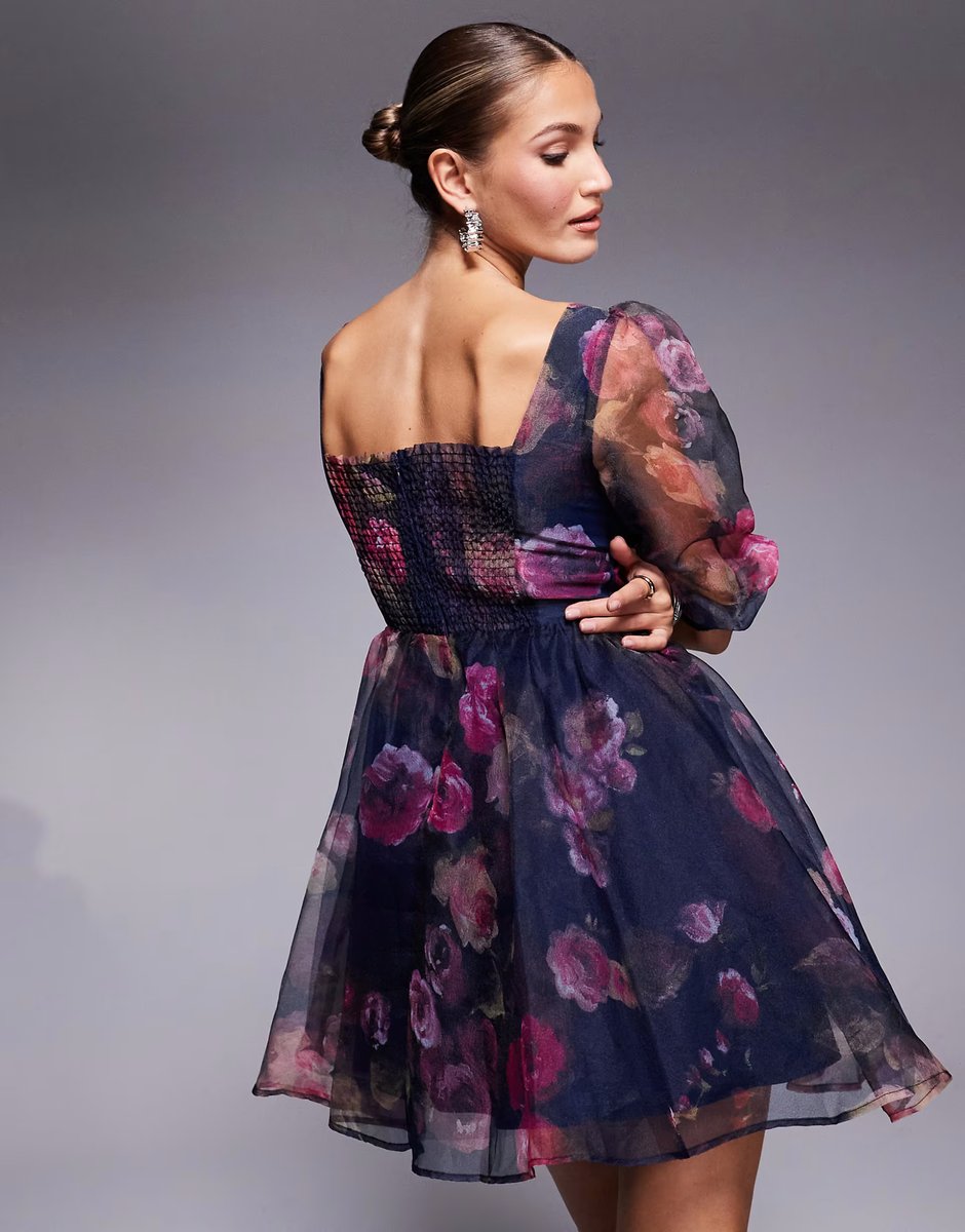 ASOS Lulus sheer sleeve organza mini dress in plum floral - 3