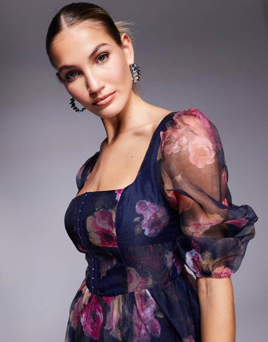 ASOS Lulus sheer sleeve organza mini dress in plum floral - 4