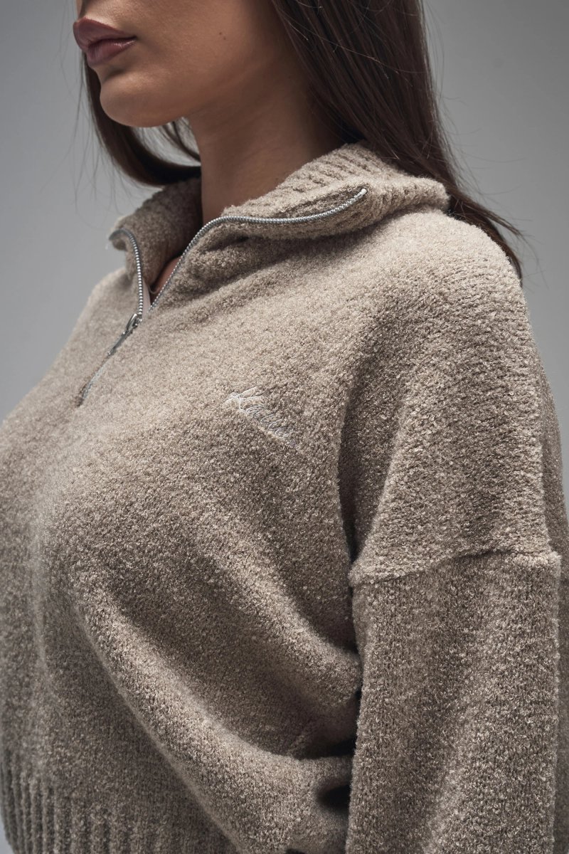 Kaiia Kaiia Knit Fold Over Collar Quarter Zip Sweater Taupe - 2