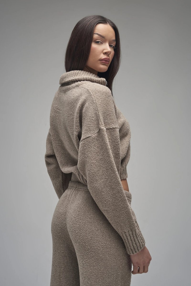 Kaiia Kaiia Knit Fold Over Collar Quarter Zip Sweater Taupe - 3