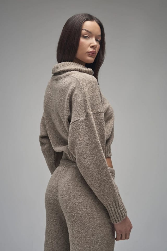 Kaiia Kaiia Knit Fold Over Collar Quarter Zip Sweater Taupe - 3