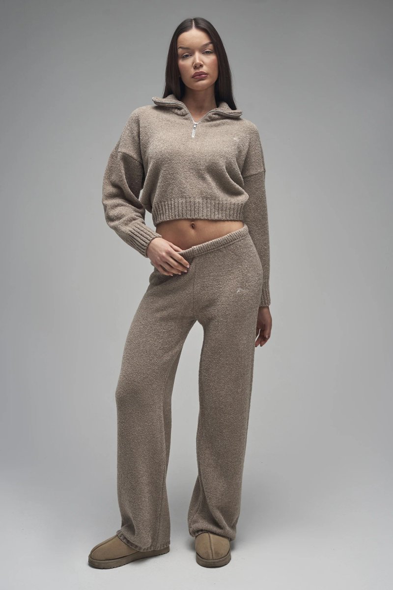 Kaiia Kaiia Knit Fold Over Collar Quarter Zip Sweater Taupe - 4