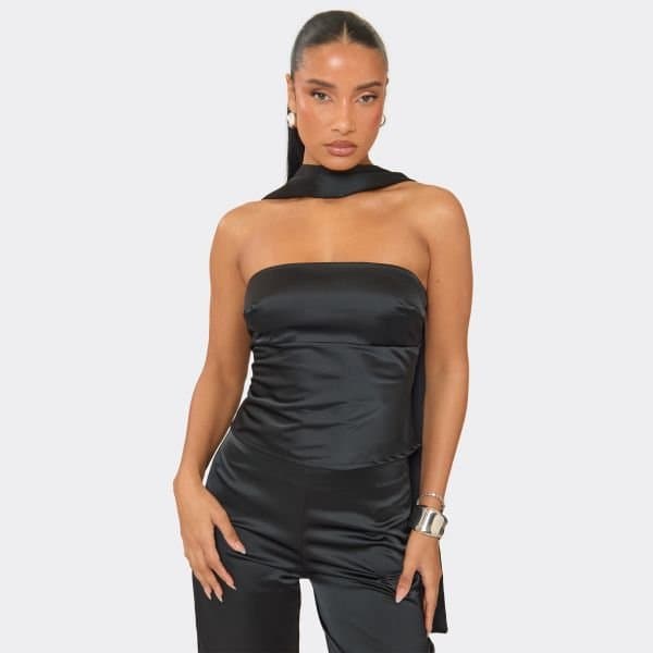 EGO EGO Satin Bandeau Top with Scarf Neck Tie in Black