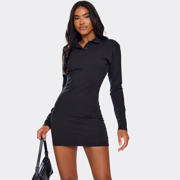 EGO Long Sleeve Button Front Collared Cinched Waist T-Shirt Dress In Black, Women's Size UK 6 - 1