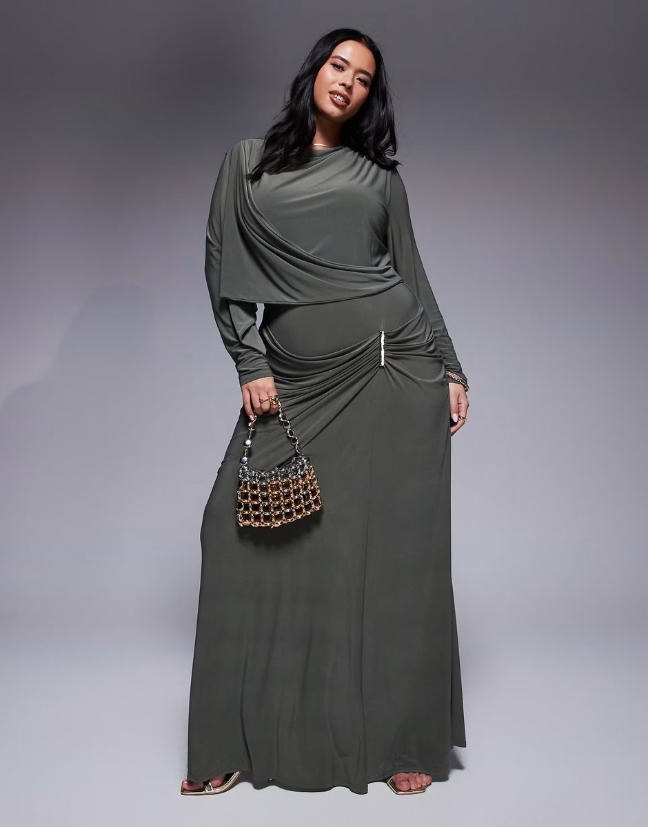 ASOS ASOS DESIGN Curve long sleeve drape maxi dress with hitched skirt and trim in khaki - 3