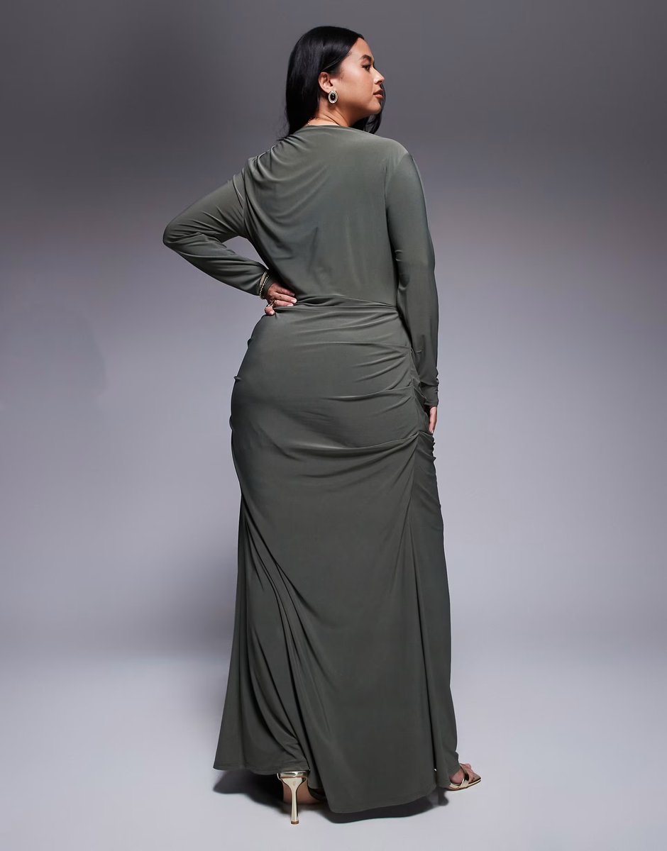 ASOS ASOS DESIGN Curve long sleeve drape maxi dress with hitched skirt and trim in khaki - 4