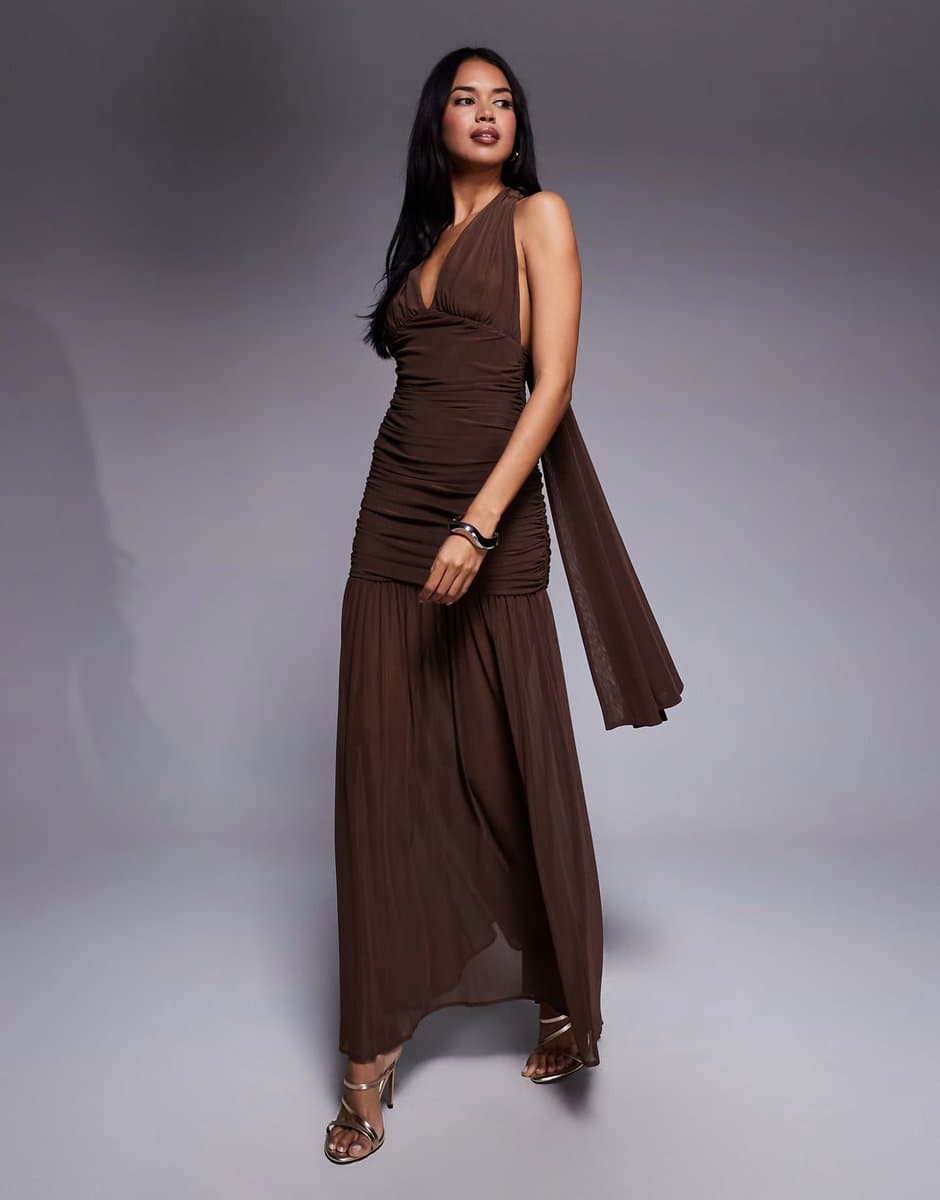 ASOS TFNC halter neck maxi dress with open back in chocolate mesh