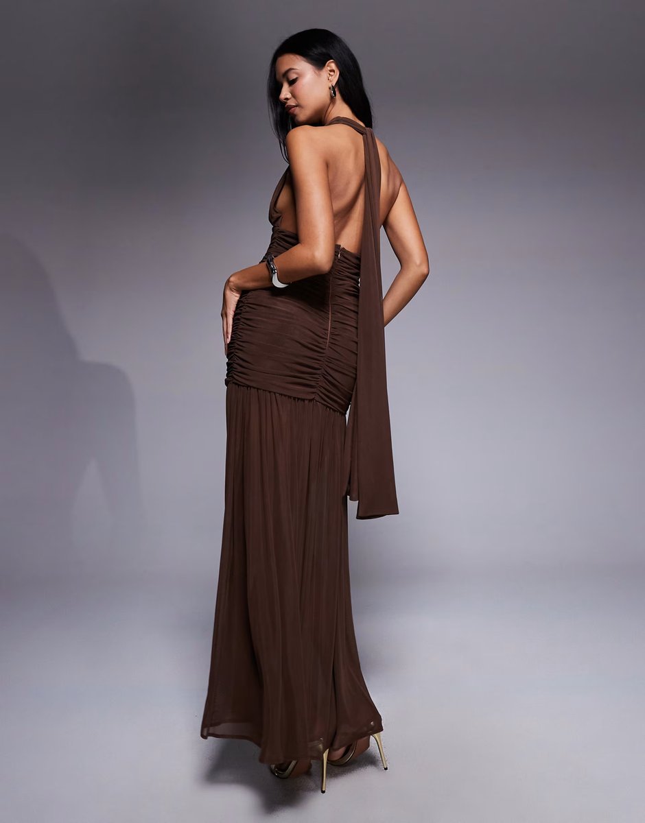 ASOS TFNC halter neck maxi dress with open back in chocolate mesh - 3