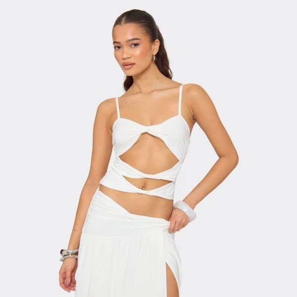 EGO Strappy Cut Out Twist Front Top In White, Women's Size UK 6