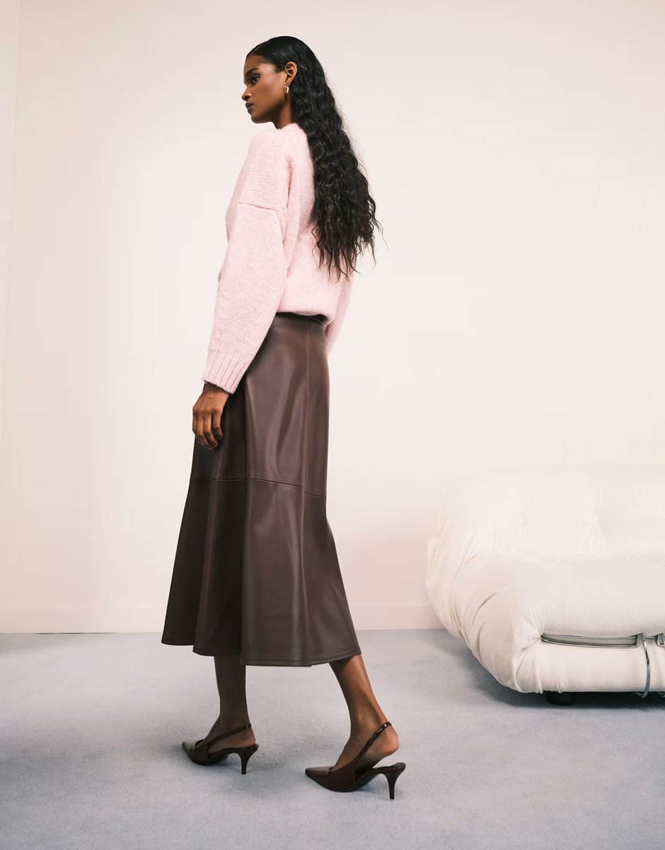 ASOS Mango faux leather midi skirt in burgundy - 3