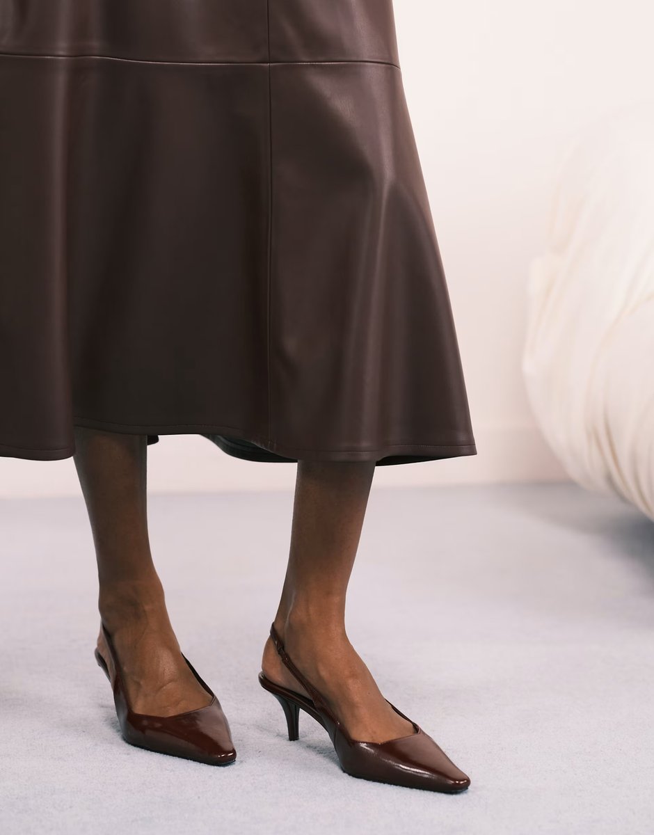 ASOS Mango faux leather midi skirt in burgundy - 4