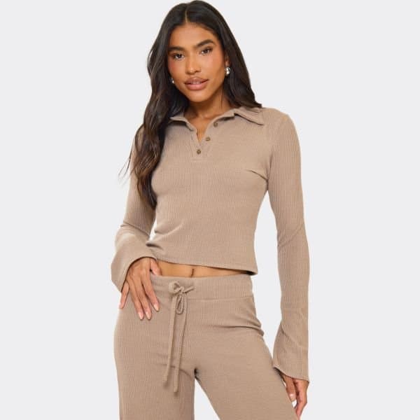 EGO EGO Taupe Long Flared Sleeve Polo Top in Ribbed