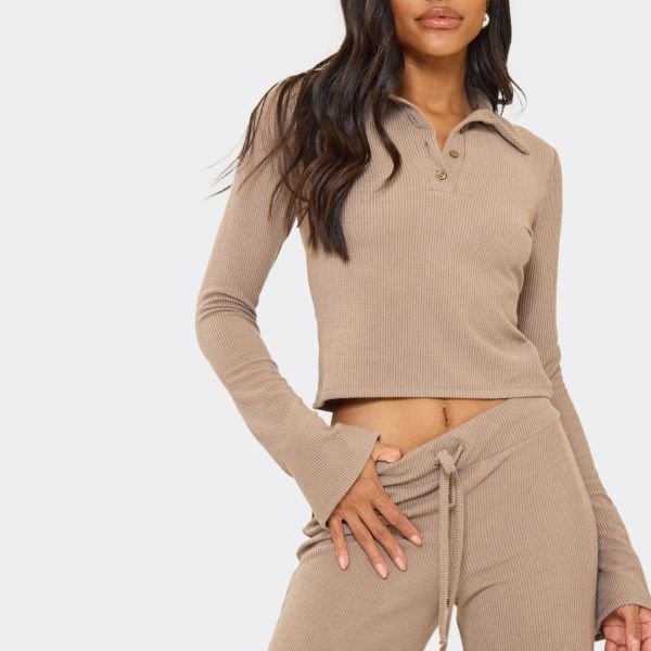 EGO Long Flared Sleeve Polo Top In Taupe Ribbed, Women's Size UK 6 - 2