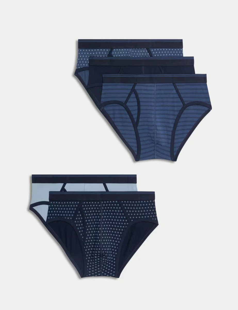 Marks & Spencer M&S 5 Pack Cotton Stretch Assorted Pattern Briefs Blue Mix