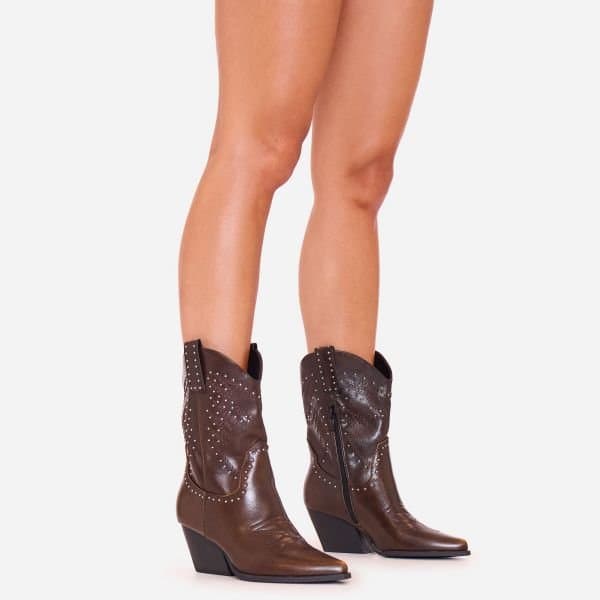 EGO EGO Stud Detail Pointed Toe Western Cowboy Ankle Boot in Brown