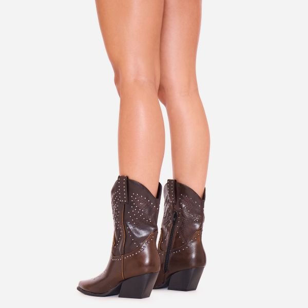 EGO Delphi Stud Detail Pointed Toe Western Cowboy Ankle Boot In Brown Faux Leather, Women's Size UK 3 - 2