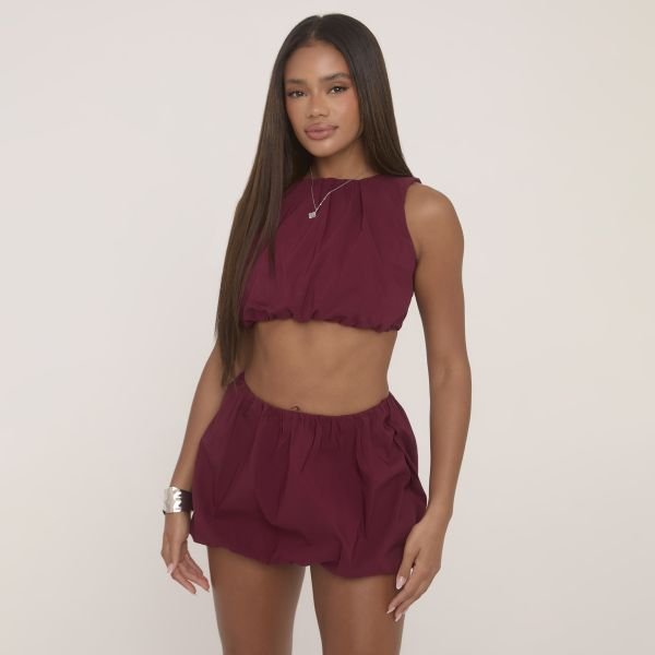 EGO Sleeveless Crop Top And High Waist Puffball Mini Skirt Co-Ord Set In Burgundy, Women's Size UK 8 - 1