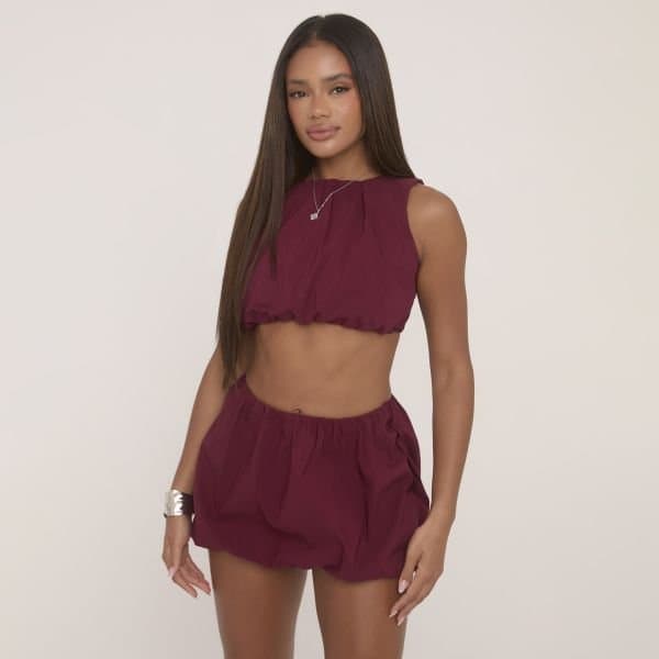 EGO Sleeveless Crop Top And High Waist Puffball Mini Skirt Co-Ord Set In Burgundy, Women's Size UK 8