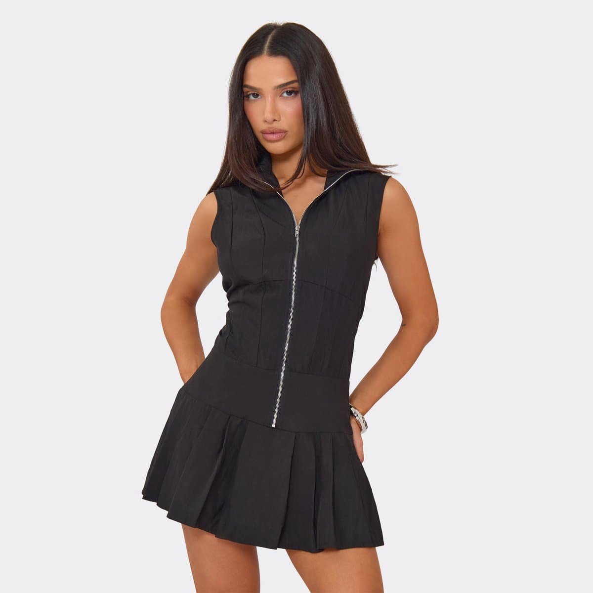 EGO Sleeveless Zip Fastening Pleated Hem Playsuit In Black, Women's Size UK 6