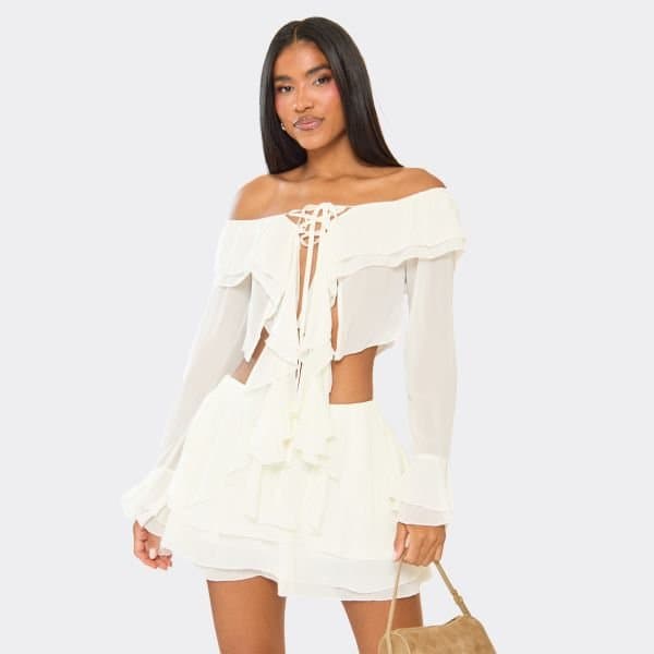 EGO Off The Shoulder Flared Sleeve Tie Front Detail Top In Cream, Women's Size UK 6