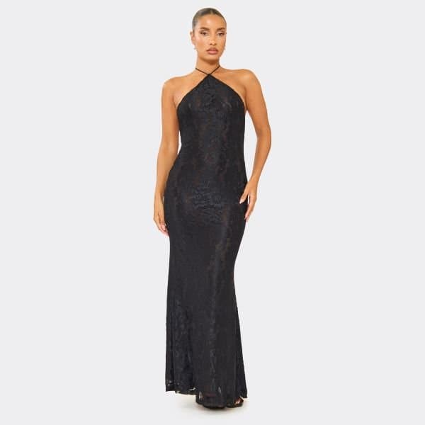 EGO Halterneck Fishtail Maxi Dress In Black Lace, Women's Size UK 6