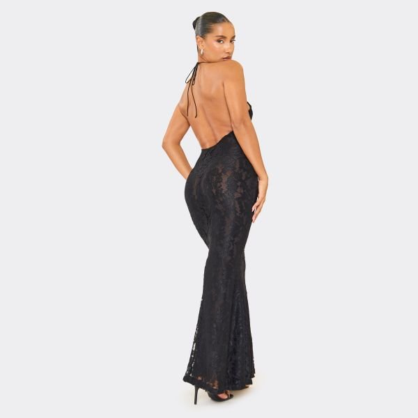 EGO Halterneck Fishtail Maxi Dress In Black Lace, Women's Size UK 6 - 2