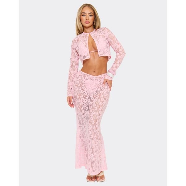 EGO Dipped Waist Ruched Front Maxi Skirt In Baby Pink Lace, Women's Size UK 6 - 2